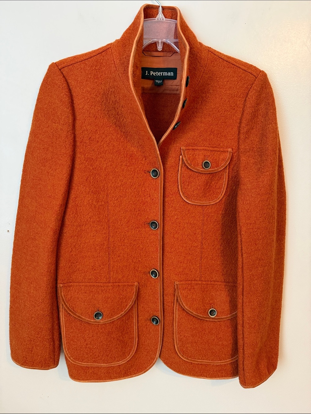 J.Peterman 100% Wool Button Up Coat Jacket Blazer Velvet Piping Orange Rust Sz 8 - Picture 1 of 8